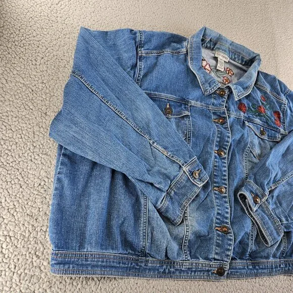 sold Catherines Denim Jacket Womens 2X Blue Cropped Embroidered Floral Trucker - Picture 3 of 13